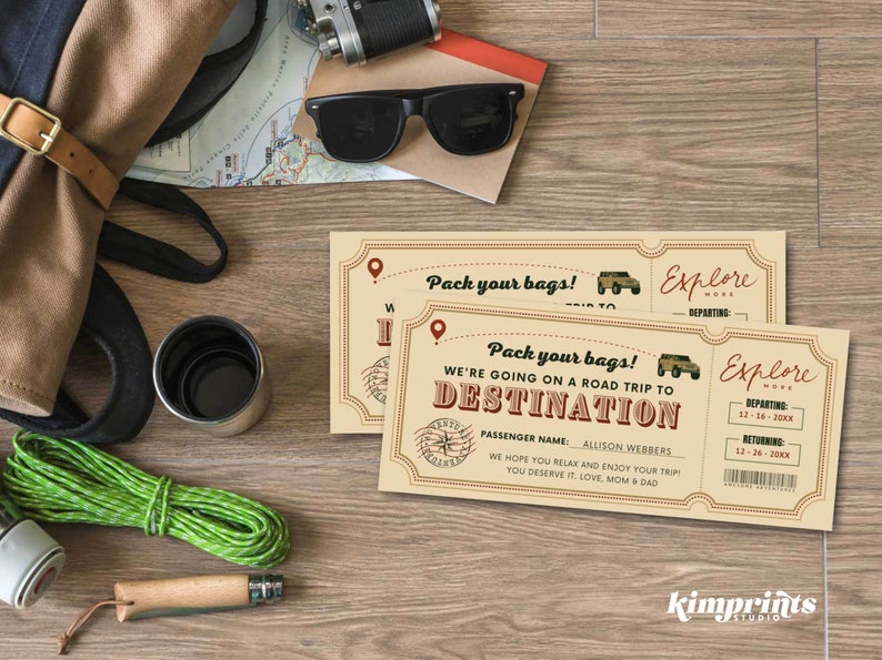 Road Trip Ticket Template, Weekend Getaway Gift Certificate, Vacation Gift Printable, Fun Travel Gift Idea, Surprise Trip Reveal, Self-Edit image 1