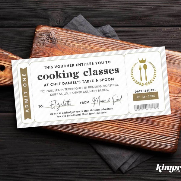 Cooking Class Ticket Template, Couples Date Night Idea, Cooking Lessons Gift Certificate, Printable Chef Souvenir, Digital File, Canva Edit