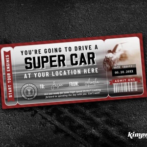 Rijd een Supercar-ticketsjabloon, Super Car-rijcertificaat, autoracen afdrukbaar, Nascar Racing Experience, Raceway cadeau-idee, zelf bewerken