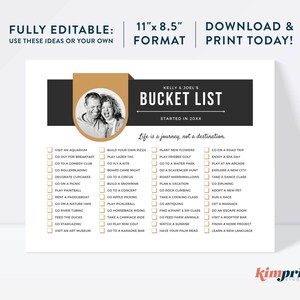 Op de afbeelding: Een afdrukbare bucketlist met een zwart en gouden kleurenschema. De lijst is getiteld "Kelly & Joel's Bucket List" en bevat een verscheidenheid aan activiteiten, zoals het bezoeken van een aquarium, naar een comedyclub gaan en frisbee golfen. De lijst is gestart in 20XX.