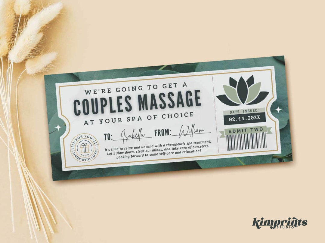 Couples Massage Gift Certificate Anniversary Gift Idea Printable Surprise Spa Day Voucher