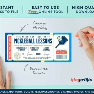 May include: A blue and white voucher for pickleball lessons. The voucher includes the text "Pickleball Lessons", "Personalized Attention", "Structured Learning", and "Expert Guidance". The date issued is 02.18.20XX. The voucher is being personalized with a pencil.
