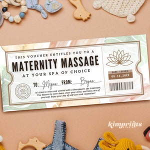 Szablon bonu upominkowego na masaż ciążowy, bilet na masaż prenatalny, pomysł na prezent na baby shower, dzień w spa dla przyszłej mamy, wydrukowany Baby Sprinkle