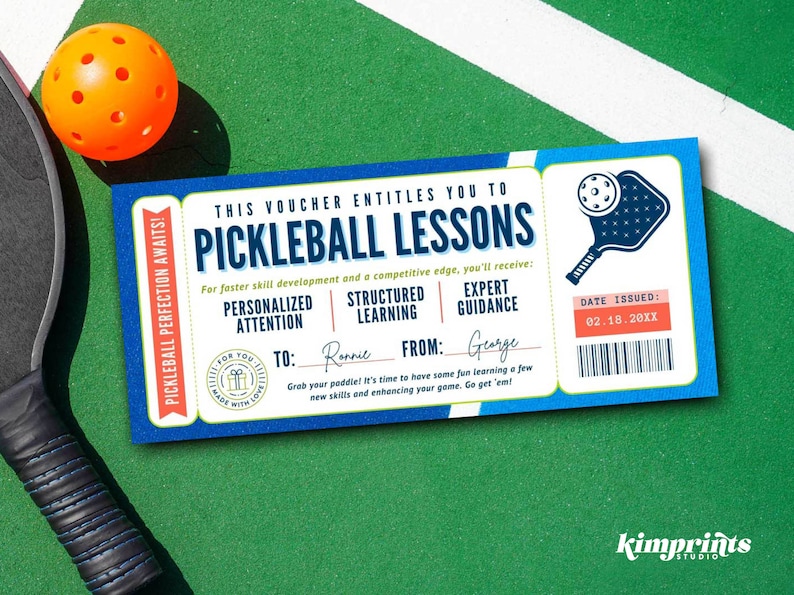 May include: A blue voucher for pickleball lessons with text that reads "Pickleball Perfection Awaits!" and "This voucher entitles you to Pickleball Lessons." An orange pickleball and paddle are also visible.