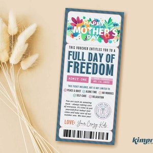 Moederdag vrijheid ticket sjabloon, unieke Moederdag cadeaubon, kindvrij afdrukbaar, grappig cadeau voor moeder, digitaal bestand, Canva Edit