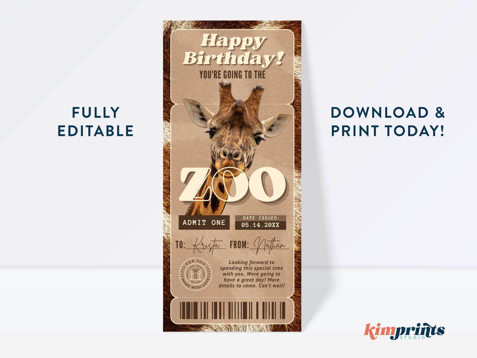 Zoo Trip Ticket Template Giraffe Zoo Voucher Animal Safari Etsy