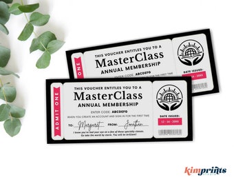 Masterclass Annual Membership Ticket Template, Learning Experience Gift Certificate, Printable Souvenir Voucher, 9x4 Digital File,Canva Edit