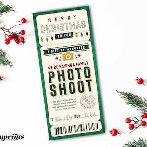 May include: A green and white Christmas gift certificate with the text "Merry Christmas to You" and "We're having a family photo shoot". The certificate is shaped like a ticket with a barcode and the text "To: Mom & Dad From: The Kids".