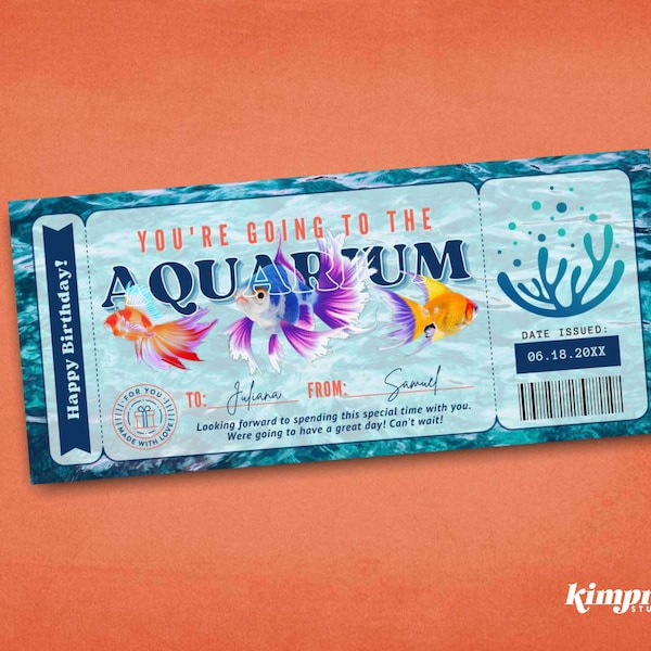 Aquarium Ticket Template, Exotic Fish Gift Certificate, Surprise Aquarium Trip, Under The Sea Printable,Aquatic Experience Voucher,Self-Edit