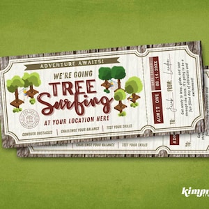 Tree Surfing Ticket Template, Ropes Course Park Experience Gift Certificate, Zip line Coupon, Printable Souvenir, 9x4 Digital File,Self-Edit