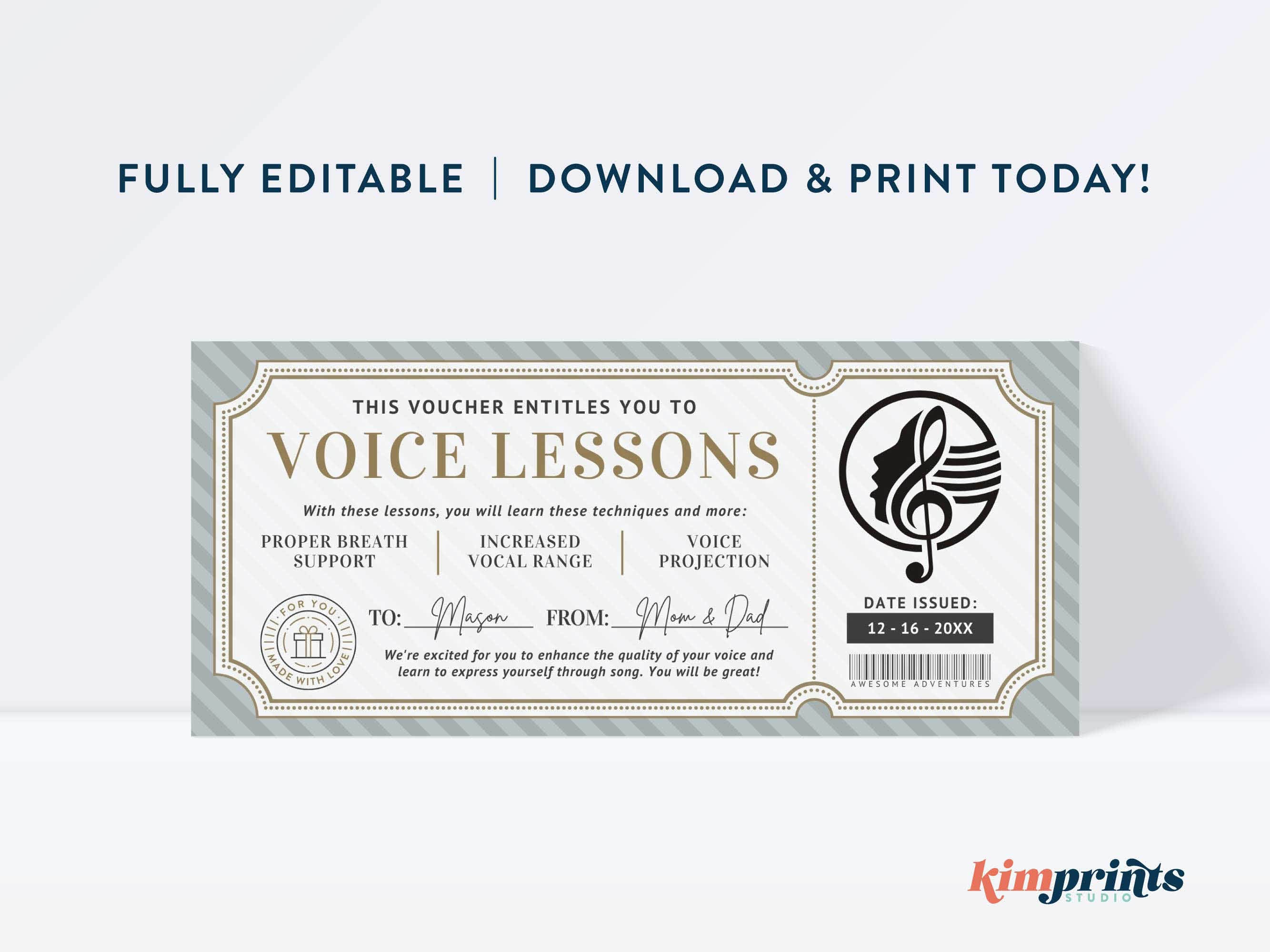 Voice Lessons Invites Voice Lesson Ticket Template, Vocal Coaching Gift Certificate, Fun ...