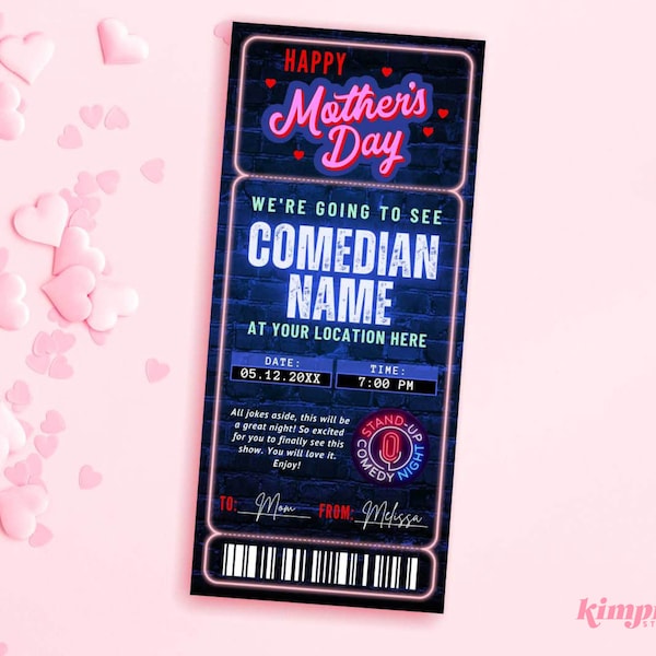 Comedy Show Ticket Template, Comedy Club Mothers Day Gift, Stand Up Comedy Event Printable, Comedian Gift Idea, Moms Night Out, Self-Edit