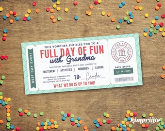 Fun Day Ticket, Kids Experience Gift Souvenir, Custom Printable Yes Day Memorabilia Voucher Template, 9x4 Instant Digital File, Canva Edit