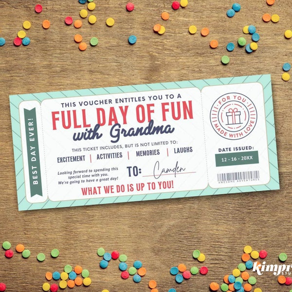 Fun Day Ticket, Kids Experience Gift Souvenir, Custom Printable Yes Day Memorabilia Voucher Template, 9x4 Instant Digital File, Canva Edit