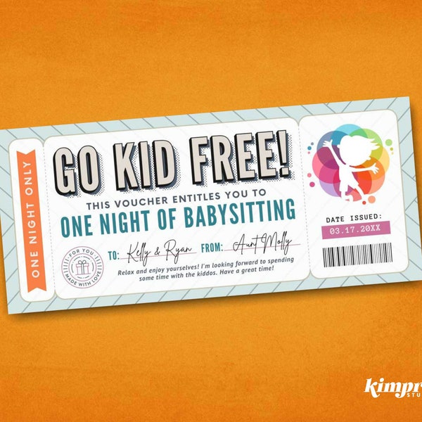 Babysitting Ticket Template, Free Babysitting Gift Certificate, Custom Babysitting Coupon, Babysitting Voucher, Parents Night Out, Self-Edit