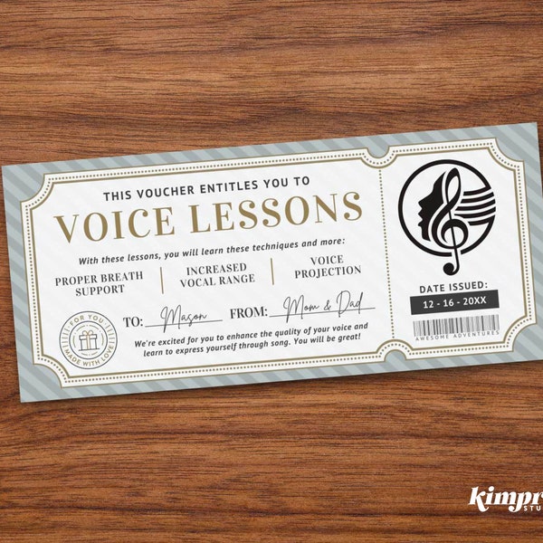 Voice Lesson Ticket Template, Vocal Coaching Gift Certificate, Fun Experience Souvenir, Custom Printable Coupon, 9x4 Digital File,Canva Edit