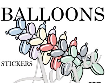 May include: A sticker sheet with a design of colorful balloon dogs. The text "DOG BALLOONS" is at the top of the sheet. The text "STICKERS" is at the bottom left of the sheet. The text "RIGHT LEFT" is at the bottom right of the sheet. The text "Aug" is written in cursive in the middle of the sheet.