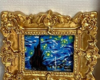 Miniatur Van Gogh 'Sternennacht' Gemälde, Handgemalte Puppenhaus Kunst, Vergoldeter Rahmen, Maßstab 1:24