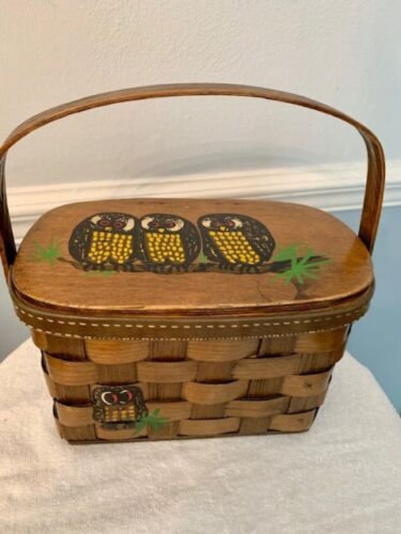 Vintage Caro Nan Hand Painted Basket Purse Owls Si