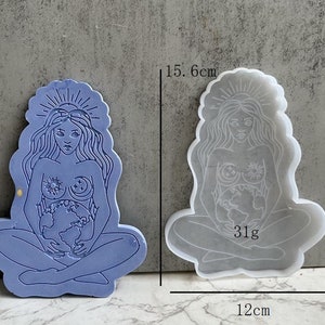 May include: A light blue resin mould of a woman holding a globe. The mould is 15.6 cm tall and 12 cm wide. The mould weighs 31 grams.