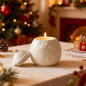 May include: A lit, off-white candle in a round, ceramic holder with a lid. The holder has a floral design and is sitting on a table with a Christmas tree in the background. The candle flame is bright.