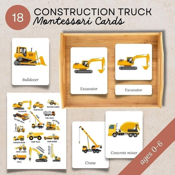 Construction Vehicle Flashcard Printable, Montessori 3 Part Cards for Toddler, Preschool Matching Game for Kids, Homeschool for 2 year old