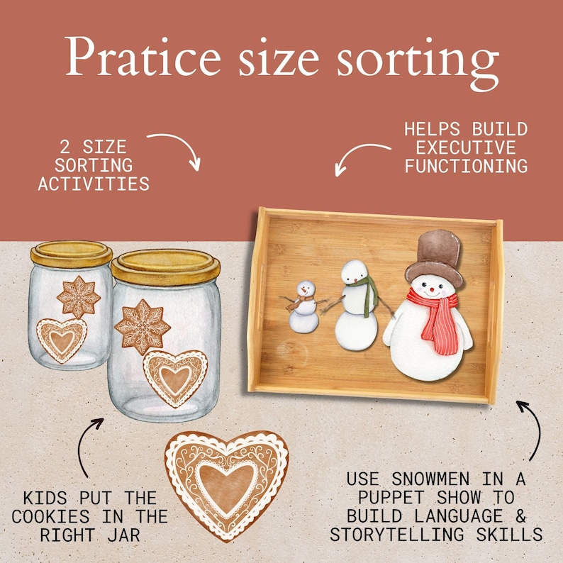 May include: Two size sorting activities for kids. One activity features gingerbread cookies in jars, the other features snowmen in a wooden tray. The text "Pratice size sorting" is at the top of the image.