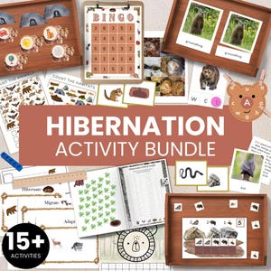 May include: A collection of educational materials for children, featuring a variety of activities. The image includes wooden trays with animal-themed cutouts, bingo cards, flashcards, and worksheets. The title "HIBERNATION ACTIVITY BUNDLE" is prominently displayed.