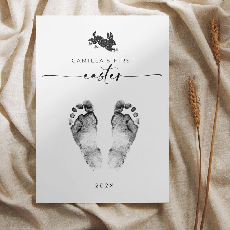 My First Easter Footprint Keepsake, Baby Footprint Template, Personalized Nursery Wall Art Printable, Infant Easter Bunny Craft with Name image 3