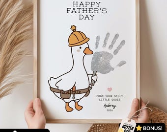 Silly Goose Handprint Printable Fathers Day Craft from Toddler, DIY Handmade Fathers Day Gift from Kids, Construction Tools Dad Unique Idea