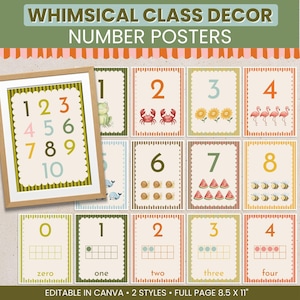 May include: A set of educational number posters featuring a framed chart with numbers 1 through 10, individual cards with illustrations of animals and objects, and ten-frame counting cards. The text reads WHIMSICAL CLASS DECOR NUMBER POSTERS.