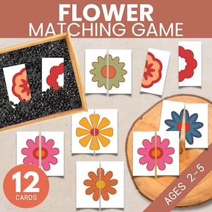 Juego de combinación de flores para imprimir, actividad de primavera para niños en edad preescolar, juego de memoria con cartas, educación en el hogar sobre la naturaleza para niños de 2 años, canasta matutina para niños pequeños
