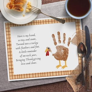 Thanksgiving Handabdruck Tischset druckbar, Türkei Handabdruck Gedicht, Herbst Handwerk für Kleinkind, DIY Handabdruck Andenken Kunst Vorschulgeschenk für Mama