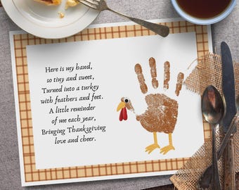 Thanksgiving Handabdruck Tischset druckbar, Türkei Handabdruck Gedicht, Herbst Handwerk für Kleinkind, DIY Handabdruck Andenken Kunst Vorschulgeschenk für Mama