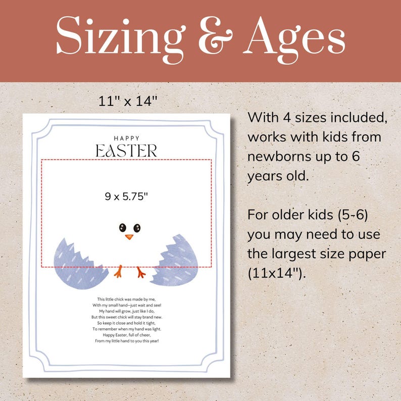 May include: A printable Easter craft for kids featuring a chick hatching from an egg. The craft includes four different sizes, suitable for children from newborns to six years old. The largest size is 11 inches by 14 inches.