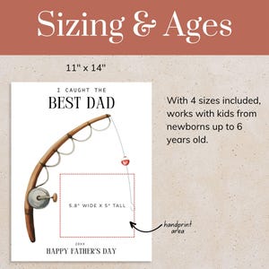 K&ouml;nnte beinhalten: Ein wei&szlig;er rechteckiger Druck in 27,94 cm x 35,56 cm mit einer braunen Angelruten-Illustration, dem Text I CAUGHT THE BEST DAD und HAPPY FATHER'S DAY sowie einem rot gestrichelten Feld mit der Beschriftung handprint area in 14,73 cm x 12,7 cm.