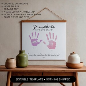 May include: A wall hanging print featuring the text Grandkids MAKE LIFE GRAND, two purple handprints labelled Ethan and Lou, and the text Thank you for every hug, every story, and every cookie, Mimi + Papa. We love you more than words can say. 202X.
