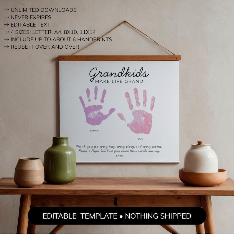 May include: A wall hanging print featuring the text Grandkids MAKE LIFE GRAND, two purple handprints labelled Ethan and Lou, and the text Thank you for every hug, every story, and every cookie, Mimi + Papa. We love you more than words can say. 202X.