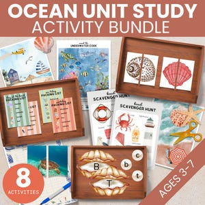 May include: A set of eight ocean-themed educational activities for children ages 3-7. The activities include a packing list, an underwater code, a beach scavenger hunt, and a letter matching game. The activities are illustrated with colorful watercolor images of seashells, sea creatures, and beach items.