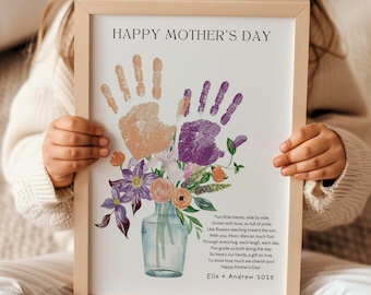 Muttertag Handabdruck Kunst Kleinkind, mehrere Kinder Mutter Geschenk Blume Handabdruck Vorlage Vorschule, DIY Handabdruck Blumenstrauß druckbares Gedicht Handwerk
