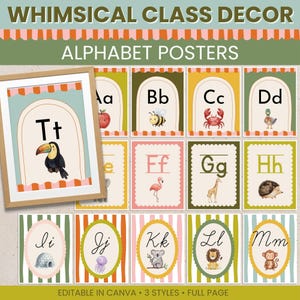 May include: A set of educational alphabet posters featuring letters A through T paired with illustrations of animals and objects. Each card displays a letter in a decorative frame with striped borders. The text reads Whimsical Class Decor Alphabet Posters.