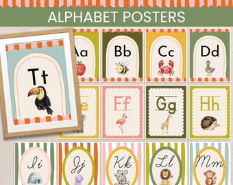 Watercolor Alphabet Posters Whimsical Classroom Decor Printable, Early Years Classroom Alphabet Display ABC Banner Cursive Handwriting Lines