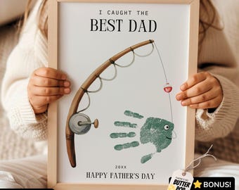 Editable Fathers Day Handprint Fishing Art, Caught the Best Dad Gift Idea from Kids, DIY Hand Print Craft Keepsake Printable Template Canva