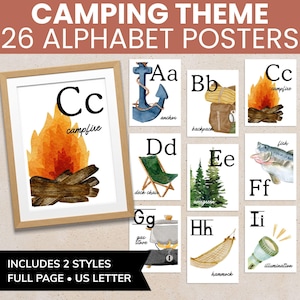 Camping Alphabet Poster Classroom Large, Printable Camping Posters for Nursery, ABC Homeschool Banner, A-Z Letter Sound Preschool Decor