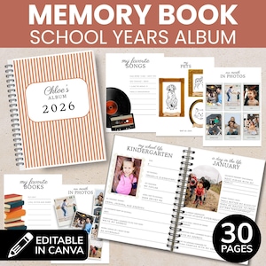 Peut inclure: Un album souvenir scolaire à reliure spirale avec des rayures orange et blanches sur la couverture, personnalisé avec le texte Chloe's Album 2026. L'ensemble comprend 30 pages avec des modèles pour photos, chansons, animaux, livres et vie scolaire.