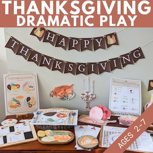 Thanksgiving dramatische speelset, fantasiespel afdrukbare herfstactiviteit voor kind, visuele receptvolgordekaart, restaurantmenu voor kleuterschool