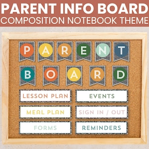 May include: Corkboard with a wooden frame, featuring the text "PARENT INFO BOARD COMPOSITION NOTEBOOK THEME." The board has colorful banner-shaped labels spelling out "PARENT BOARD" and rectangular labels for "LESSON PLAN," "EVENTS," "MEAL PLAN," "SIGN IN / OUT," "FORMS," and "REMINDERS."