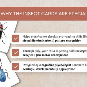 May include: Two illustrated insect cards with checkmarks next to them. The text on the cards reads: "Helps preschoolers develop pre-reading skills like visual discrimination & pattern recognition", "Through play, your child is getting alllll the cognitive benefits + fine motor development", and "Designed by a cognitive psychologist + mom to be healthy & developmentally appropriate".