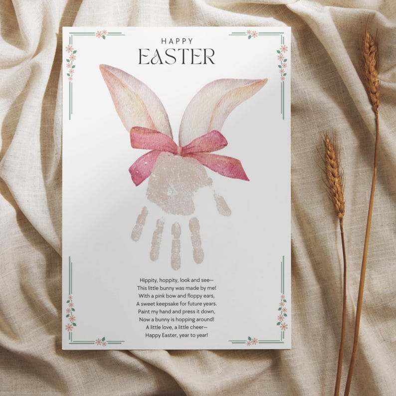 spring hand print art with watercolor bunny ears and a poem about easter