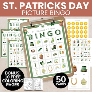 Könnte beinhalten: St. Patrick's Day Bild-Bingo-Spielset. Enthält 50 Karten, Rufkarten, Spielsteine und 10 kostenlose Malvorlagen. Die Bingokarten zeigen grünen Text und Illustrationen zum Thema St. Patrick's Day.